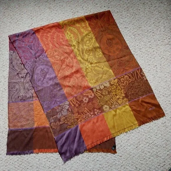 Kenzo Scarf Womens Patchwork Multicolor Floral Woven Wool Silk Blend Fringes - Picture 3 of 7